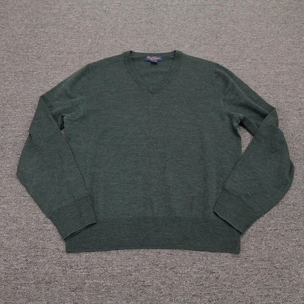 Brooks Brothers Sweater Mens Medium Green V Neck 100% Saxxon Wool Knit Pullover